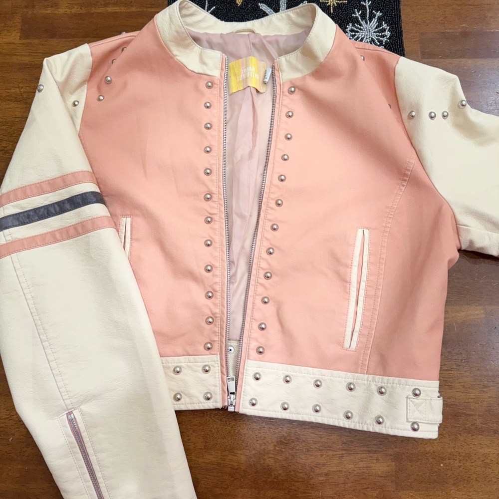 Urban Outfitters Pink and Cream Leather Jacket